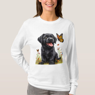 Svart Labrador-valp Fjäril Söt Hund Konst T Shirt
