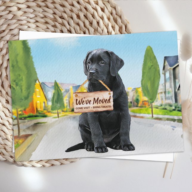 Svart Labrador Vi Har Flyttat Söt Hund Flyttar Meddelande Vykort (Skapare uppladdad)
