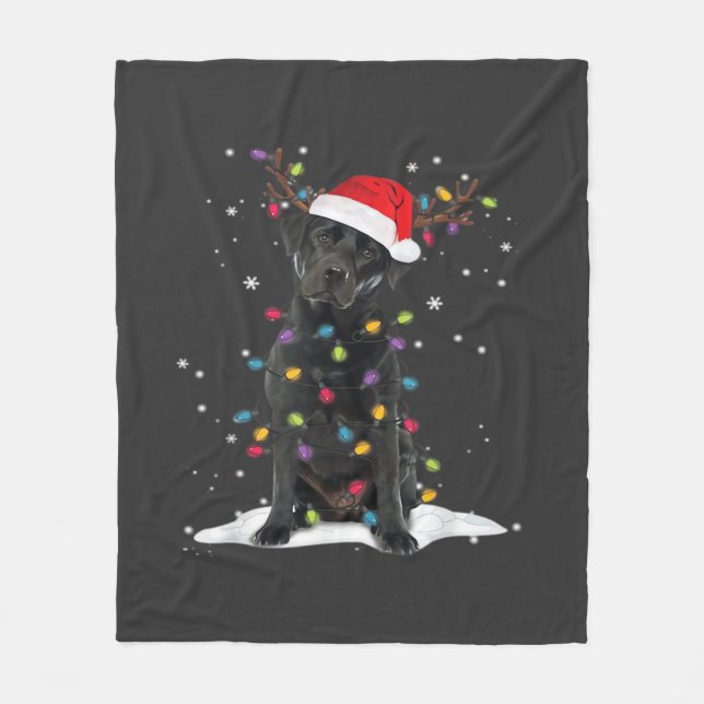Svart Labrador Xmas Hund Julgran Ljuskälla Klass Fleecefilt (Framsidan)