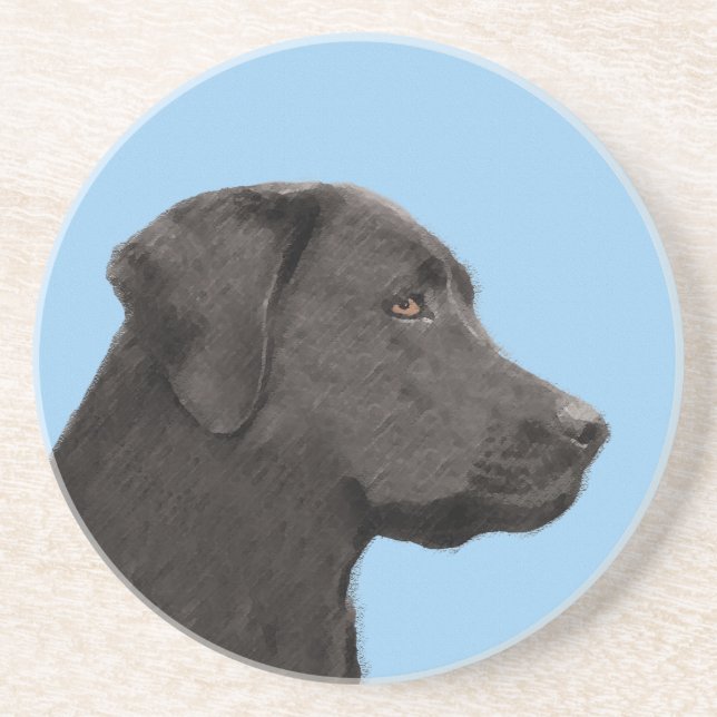 Svart Labradorgmålning Original Hundkonst Underlägg Sandsten (Framsidan)