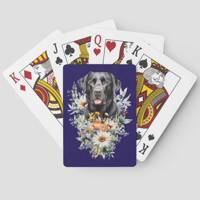 Svart labradorhund i vildblommor casinokort (Baksidan)