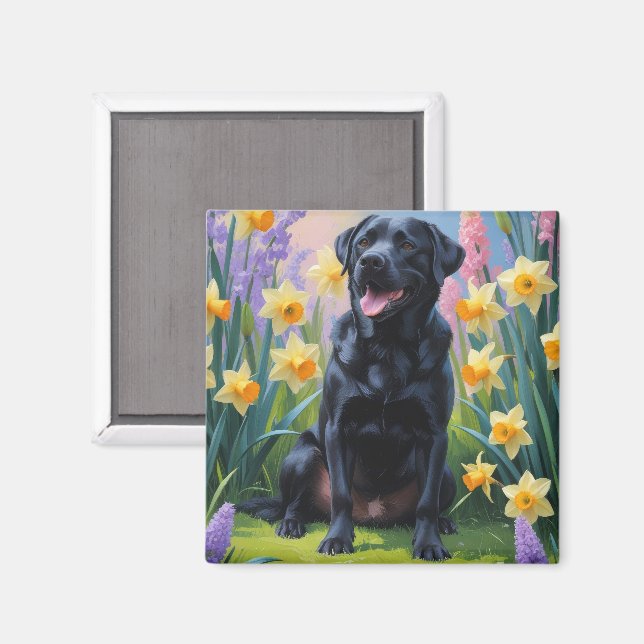 Svart Labradortavla med vårblommor Magnet (Front/Back)