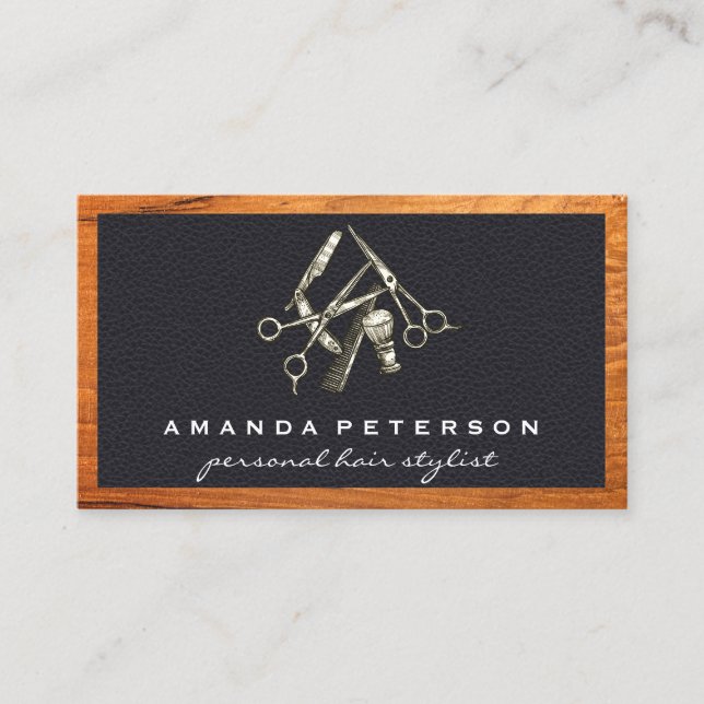 Svart läder | Barber Shop | Wood Ram Visitkort (Framsida)