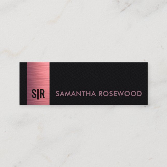 Svart läder & Borstad rosa panelmonogram Mini Visitkort (Framsida)