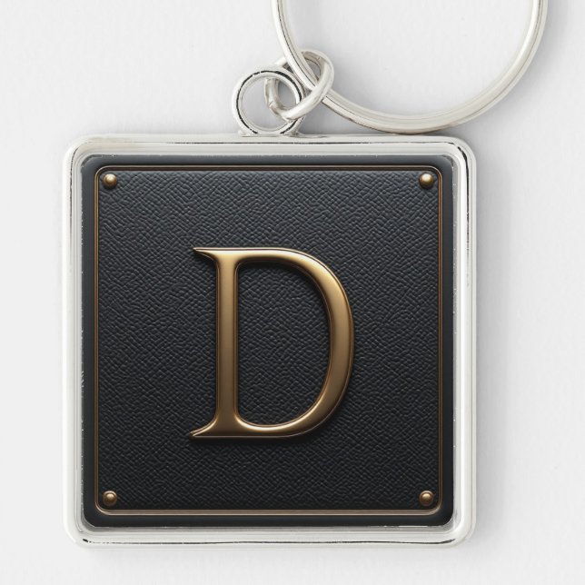 🔑 Svart läder Guld D Initial Ram Emblem 🟡 Fyrkantig Silverfärgad Nyckelring (Framsidan)