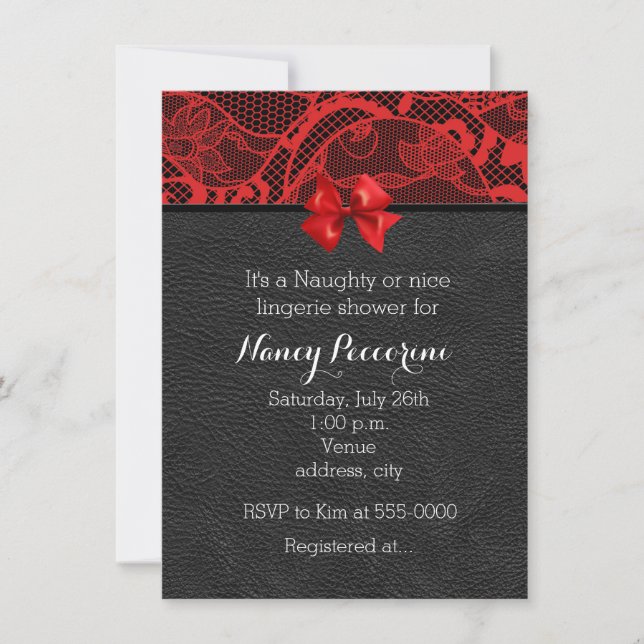 Svart läder och rödt lace undertøy invitation inbjudningar (Framsida)