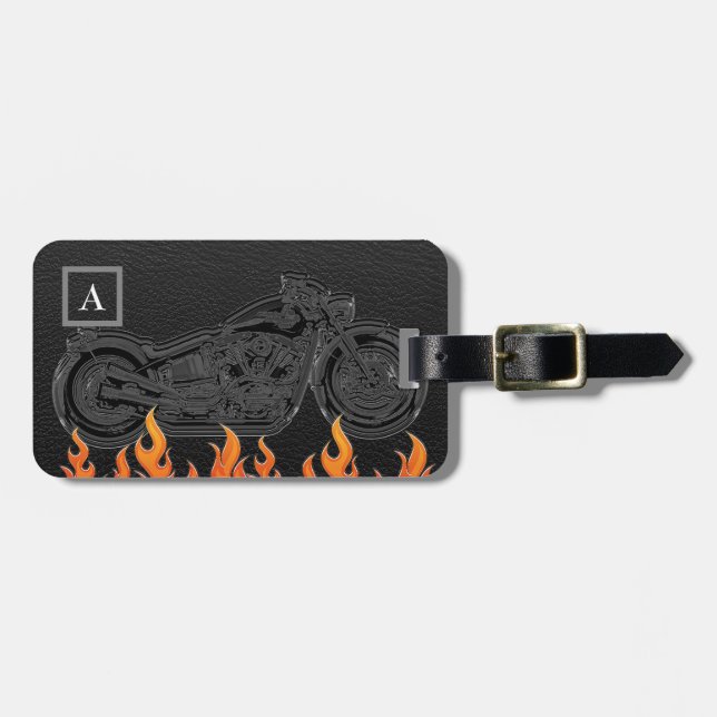 Svart Läder Orange Flammor Het Eld Motorcykel Bagagebricka (Horisontell Framsida)