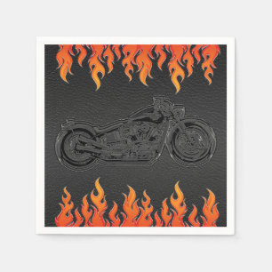 Svart Läder Orange Flammor Motorcykel Bikerfest Pappersservett
