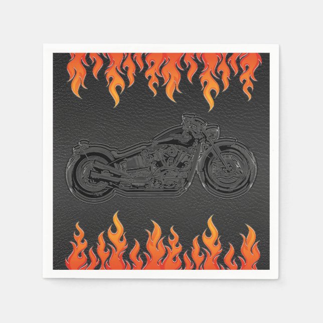 Svart Läder Orange Flammor Motorcykel Bikerfest Pappersservett (Framsidan)