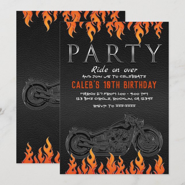 Svart läder orange lågor motorcykel rockare fest inbjudningar (Fram/baksida)