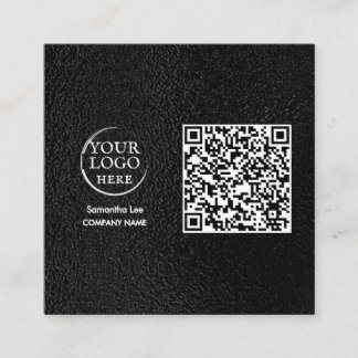 Svart Läder QR-kod Affärs-kort Modern Logo Fyrkantigt Visitkort