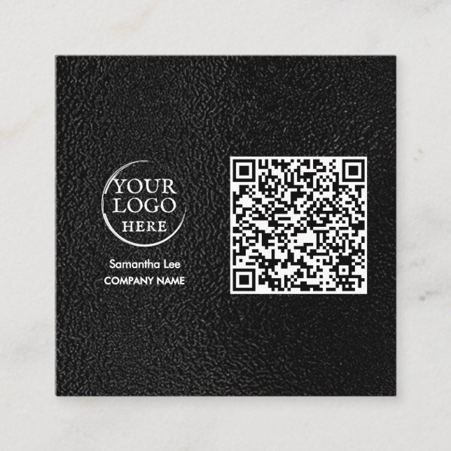 Svart Läder QR-kod Affärs-kort Modern Logo Fyrkantigt Visitkort (Framsida)