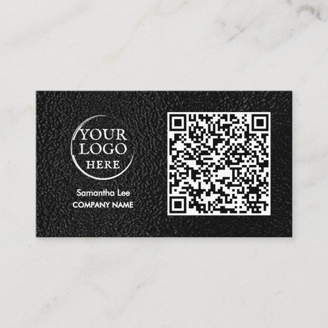 Svart Läder QR-kod Affärs-kort Modern Logo Visitkort (Framsida)
