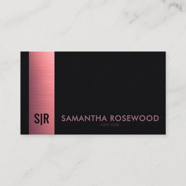 Svart läder & Rosa metallpanel Monogram  Visitkort (Framsida)
