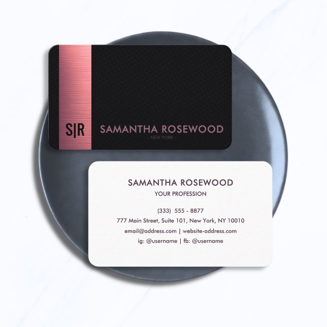 Svart läder & Rosa metallpanel Monogram  Visitkort (Skapare uppladdad)