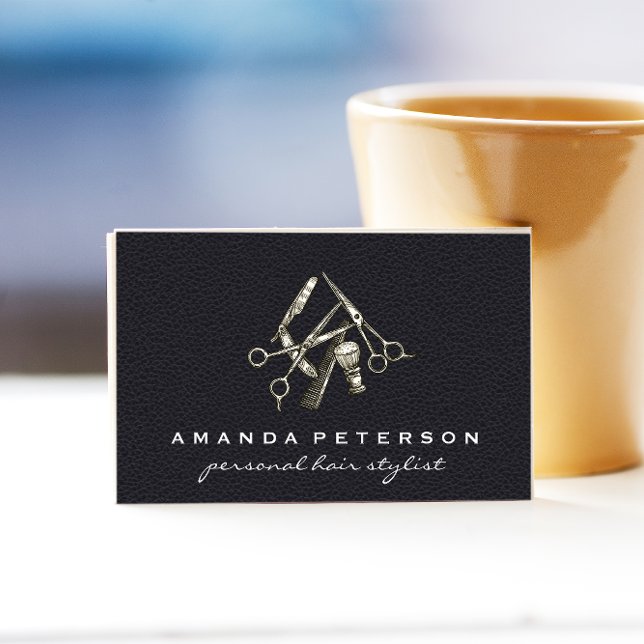 Svart läder | Salon | Barber Shop Verktyg Visitkort (Skapare uppladdad)