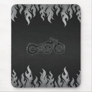 Svart läder Silver Flames Krom Motorcykel Musmatta