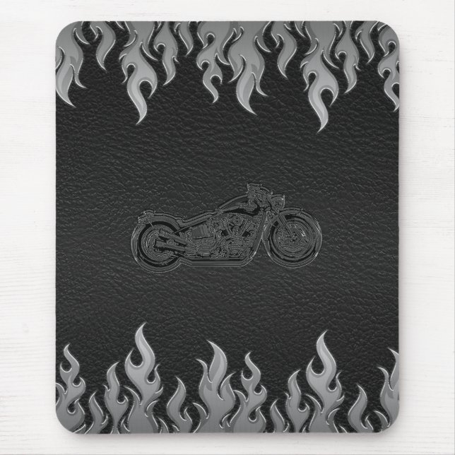 Svart läder Silver Flames Krom Motorcykel Musmatta (Framsidan)