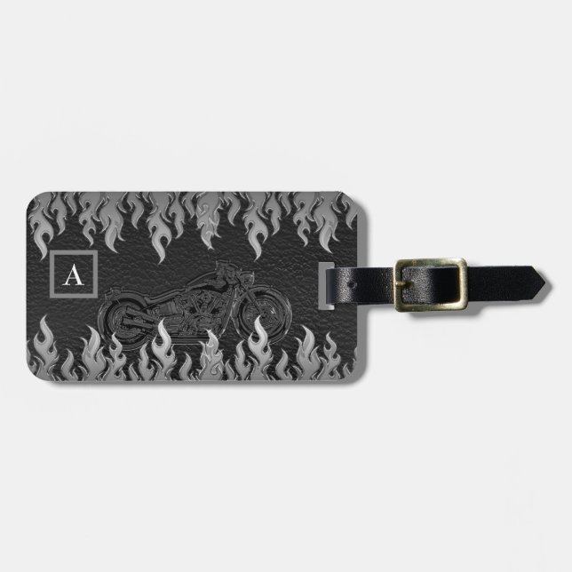 Svart Läder Silver Flammor Het Eld Motorcykel Bagagebricka (Horisontell Framsida)