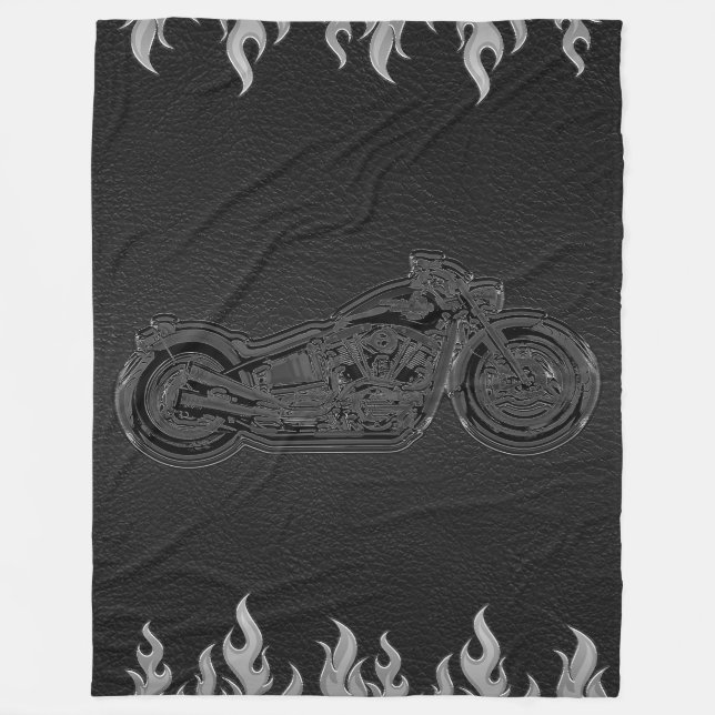 Svart Läder Silver Flammor Het Eld Motorcykel Fleecefilt (Framsidan)