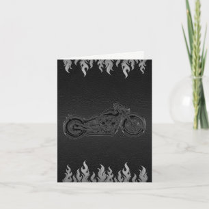 Svart Läder Silver Flammor Motorcykel Tack Kort
