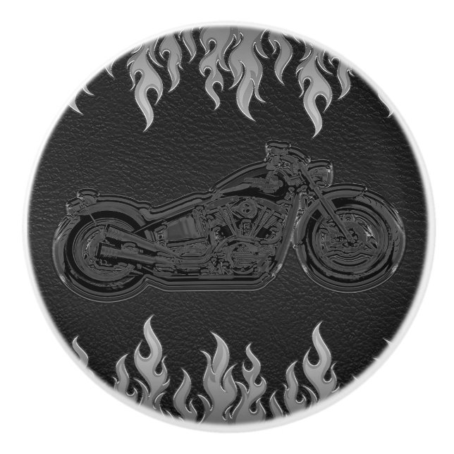 Svart läder Silver Krom Flammor Eld Motorcykel Knopp (Framsidan)