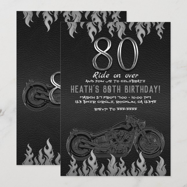 Svart läder Silver Motorcykel 80TH 80 Födelsedag Inbjudningar (Fram/baksida)