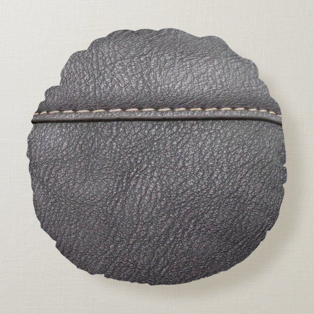 Svart läder sytt med vit sömnad rund kudde (Framsidan)