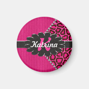 Svart läderMonogram på rosa Cheetah Magnet