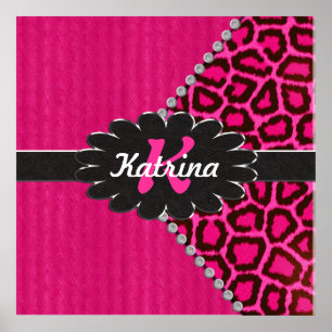 Svart läderMonogram på rosa Cheetah Poster