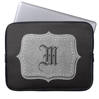 Svart läderpersonligMonogram Laptop Sleeve