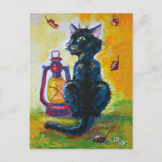 Svart lampa med katt och röd lampa vykort
