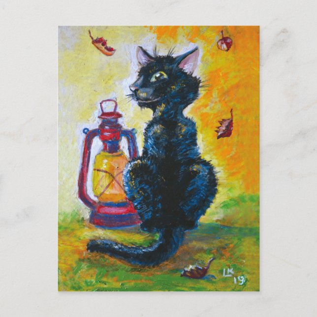 Svart lampa med katt och röd lampa vykort (Framsida)
