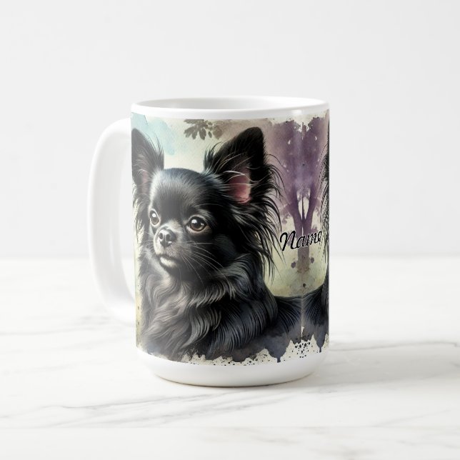 Svart långhårig chihuahua i akvarell kaffemugg (Framsida vänster)