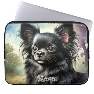 Svart långhårig chihuahua i akvarell laptop fodral