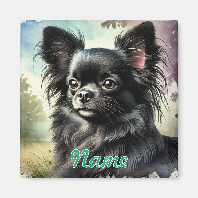 Svart långhårig chihuahua i akvarell magnet (Framsidan)