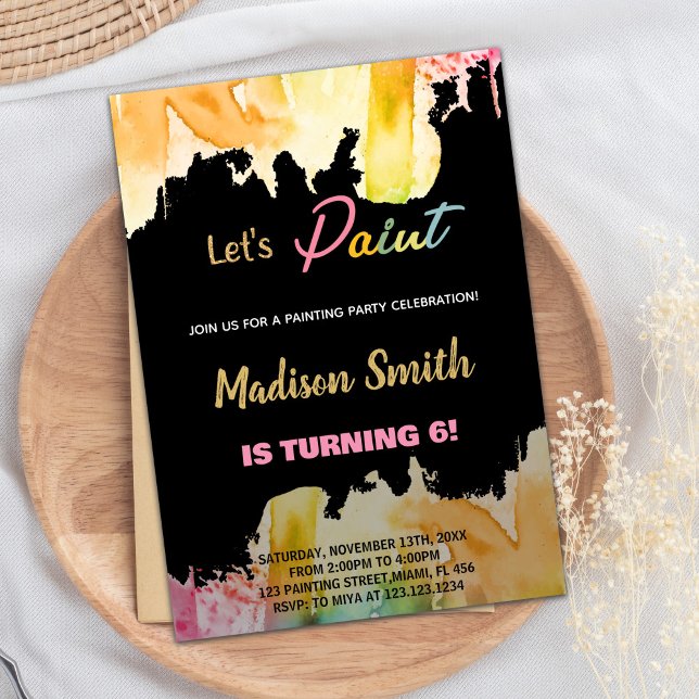 Svart Låt oss - födelsemeddelande Inbjudningar (Black Let's Paint Birthday Invitations)