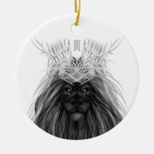 Svart Lejon med Antlers Krona och Monogram Julgransprydnad Keramik