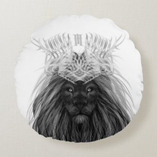 Svart Lejon med Antlers Krona och Monogram Rund Kudde
