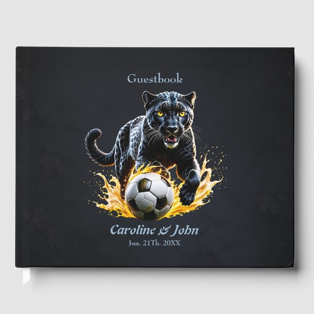 Svart leopard leker med en fotbollsspelare. gästböcker (Framsida)