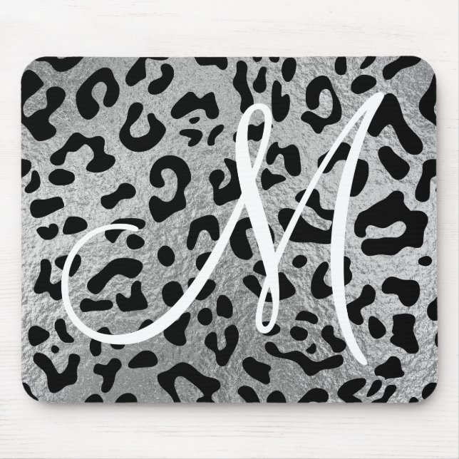 Svart leopard och falsk silverfolie-monogram musmatta (Framsidan)