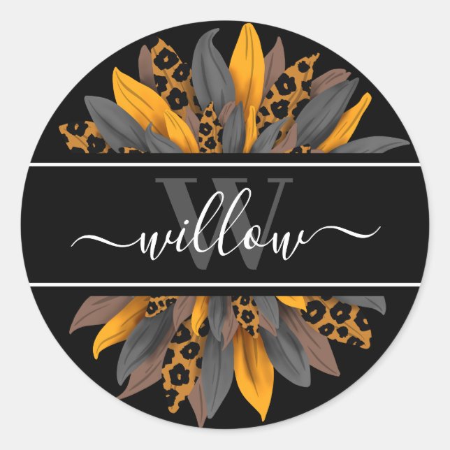 Svart leopard Spots Solros Barn Namn etikett (Framsida)