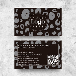 Svart Leopardsmönster Anpassat Företag Logotyp QR- Visitkort