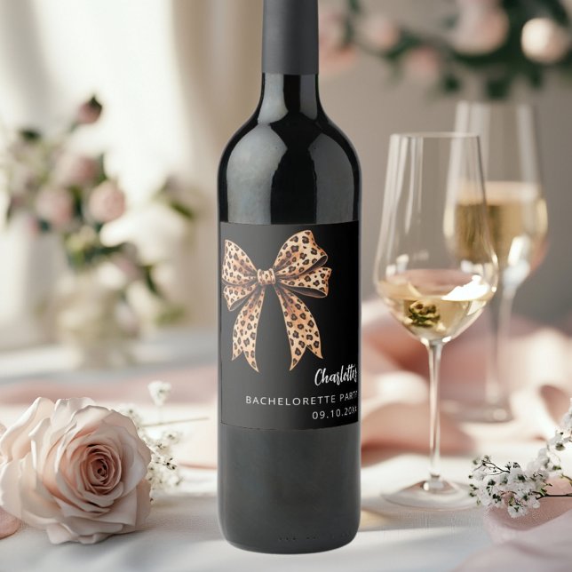 Svart leopardtryck Bow Bachelorette-fest Vinflaska Etikett (Skapare uppladdad)