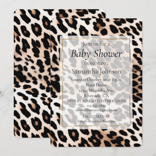 Svart Leopardyck Crème Inbjudningar (Fram/baksida)