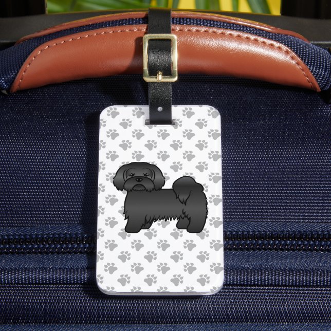 Svart Lhasa Apso Söt Tecknad Hund & Anpassad Text Bagagebricka (Framsida Insitu 2)