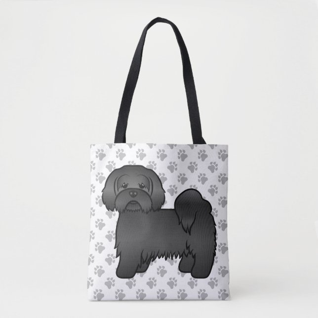 Svart Lhasa Apso Söt Tecknad Hund & Tassar Tygkasse (Framsida)