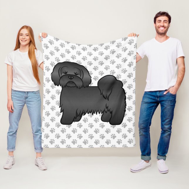 Svart Lhasa Apso Söt Tecknad Hundillustration Fleecefilt (På plats)
