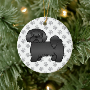 Svart Lhasa Apso Söt Tecknad Hundillustration Julgransprydnad Keramik