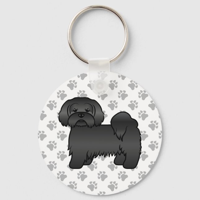 Svart Lhasa Apso Söt Tecknad Hundillustration Nyckelring (Framsida)